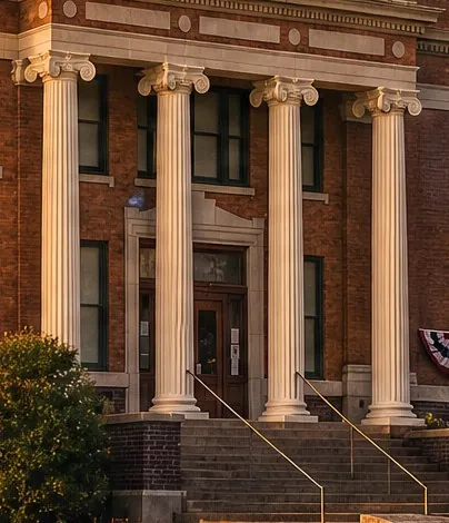 Columns and lit entrance of the courthouse