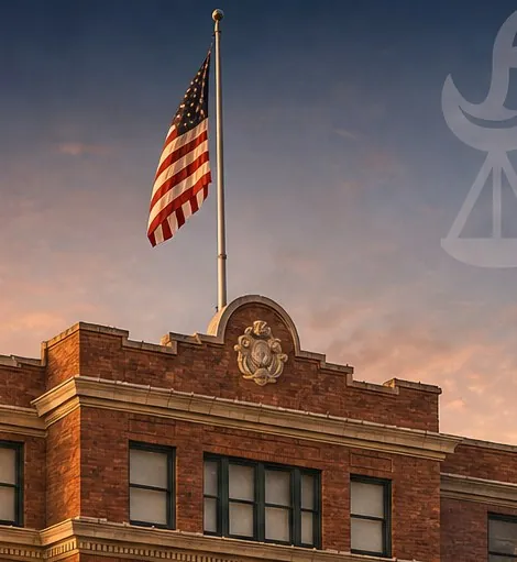 The Freestone County Courthouse with the American flag at dusk